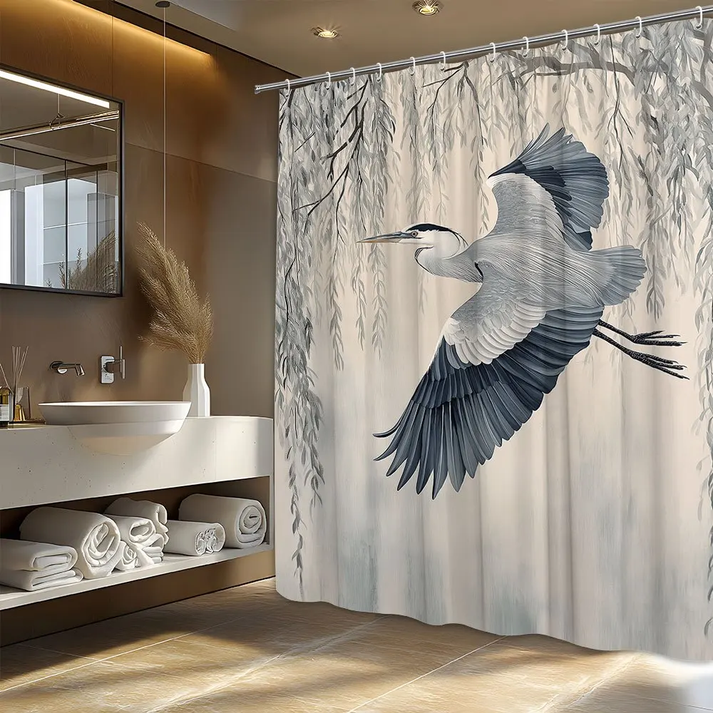 

1 шт. занавеска для душа Majestic Heron & Willow Branch — сцена «Странкой природы» серого и синего цвета, 12 крючков, полиэстер 70x70 дюймов