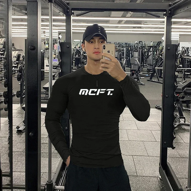 

Mens Bodybuilding Tight Quick Dry Long Sleeves Elastic Casual Training T-shirts Gym Fitness Autumn Breathable Muscle Tops