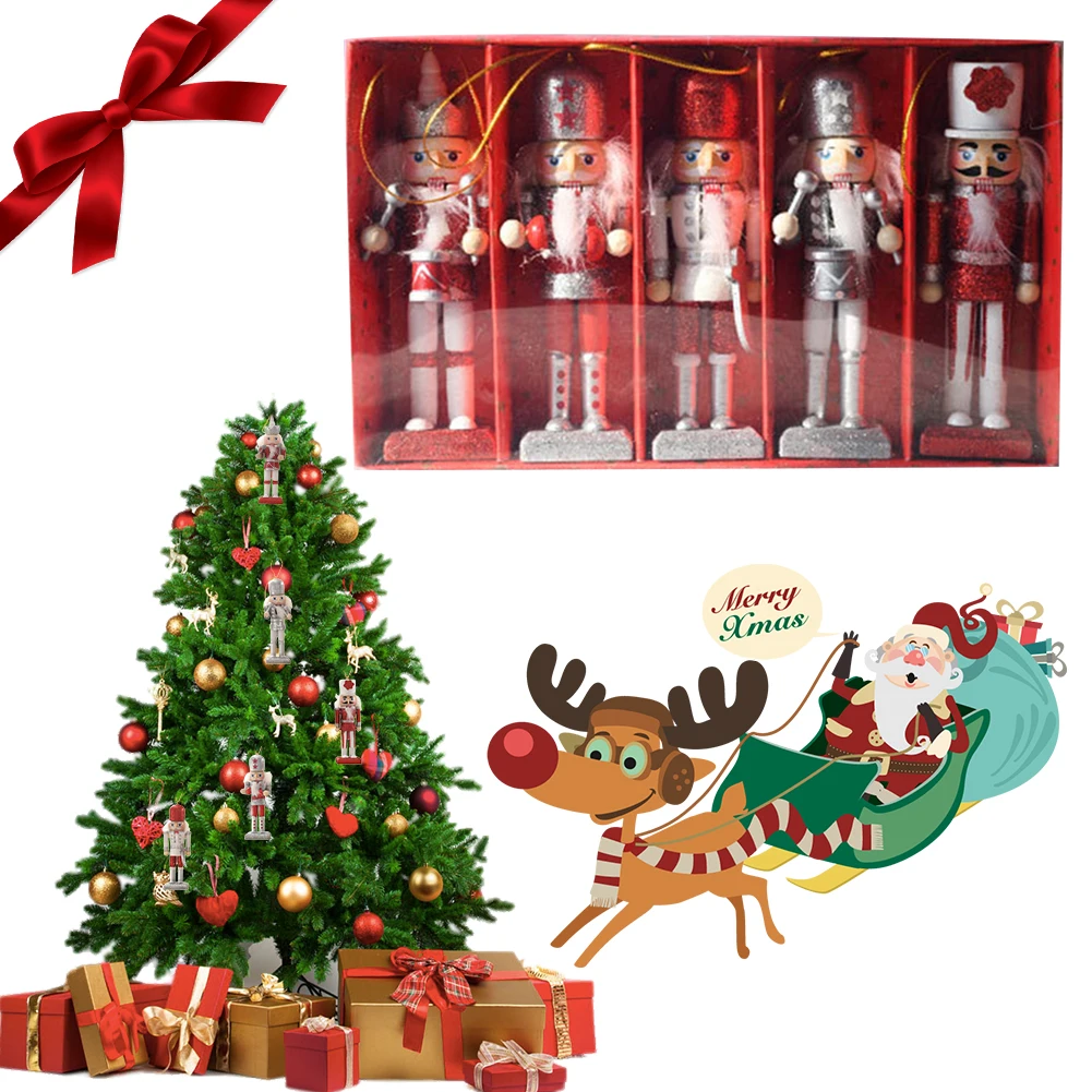 5 pcs Wooden Christmas Nutcracker Figures Ornaments Christmas Nutcracker Ornaments for Table Desktop Fireplace Christmas Tree