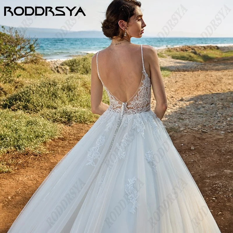 RODDRSYA Spaghetti Straps Lace Wedding Dresses For Women Civil Simple Sleeveless Bride Party Tulle Appliques Beach Bridal Gowns