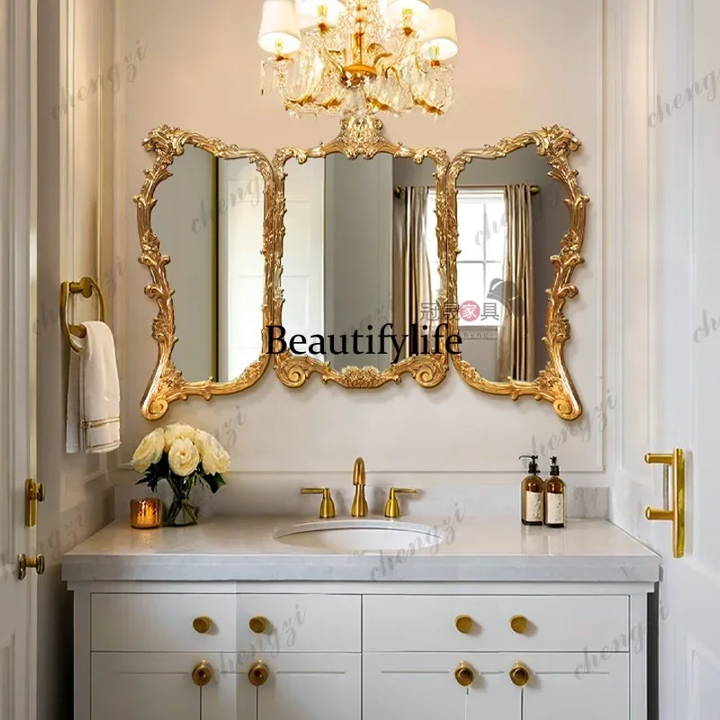 A4567 French retro tri-fold bathroom mirror living room wall hanging carved special-shaped mirror bedroom dresser folding mirror