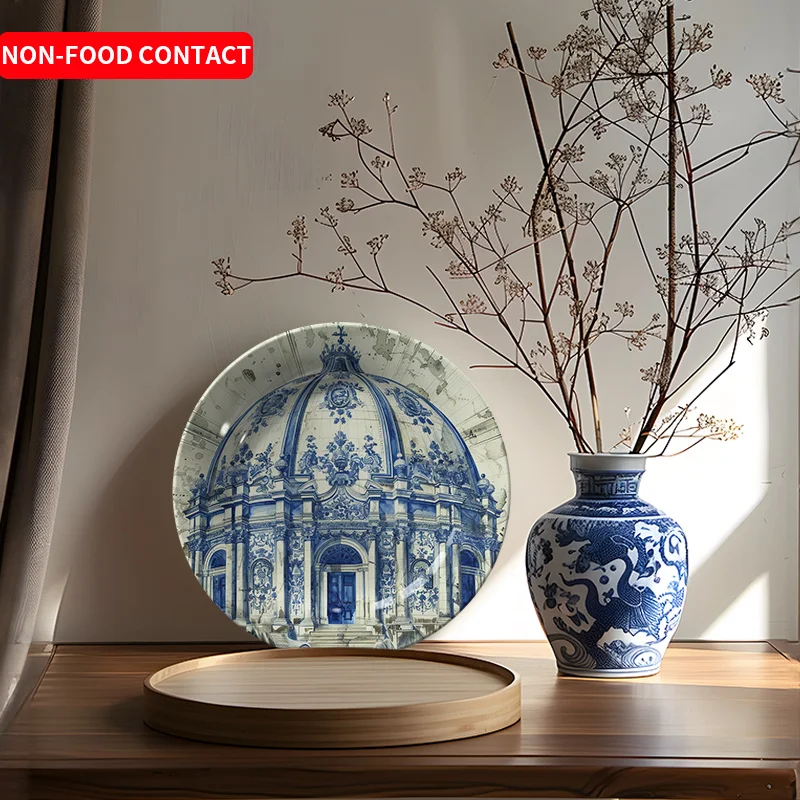 1pcElegant Blue & White Ceramic Decorative Plate with European Architecture Design - Wall Art Display for Home Decor (Non-Food