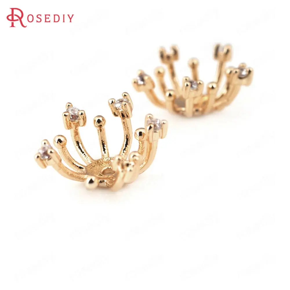 (D053)4 pieces 14x8mm High Quality Gold Color Plated Brass with Zircon Beads Caps Diy Jewelry Findings Accessories Wholesale