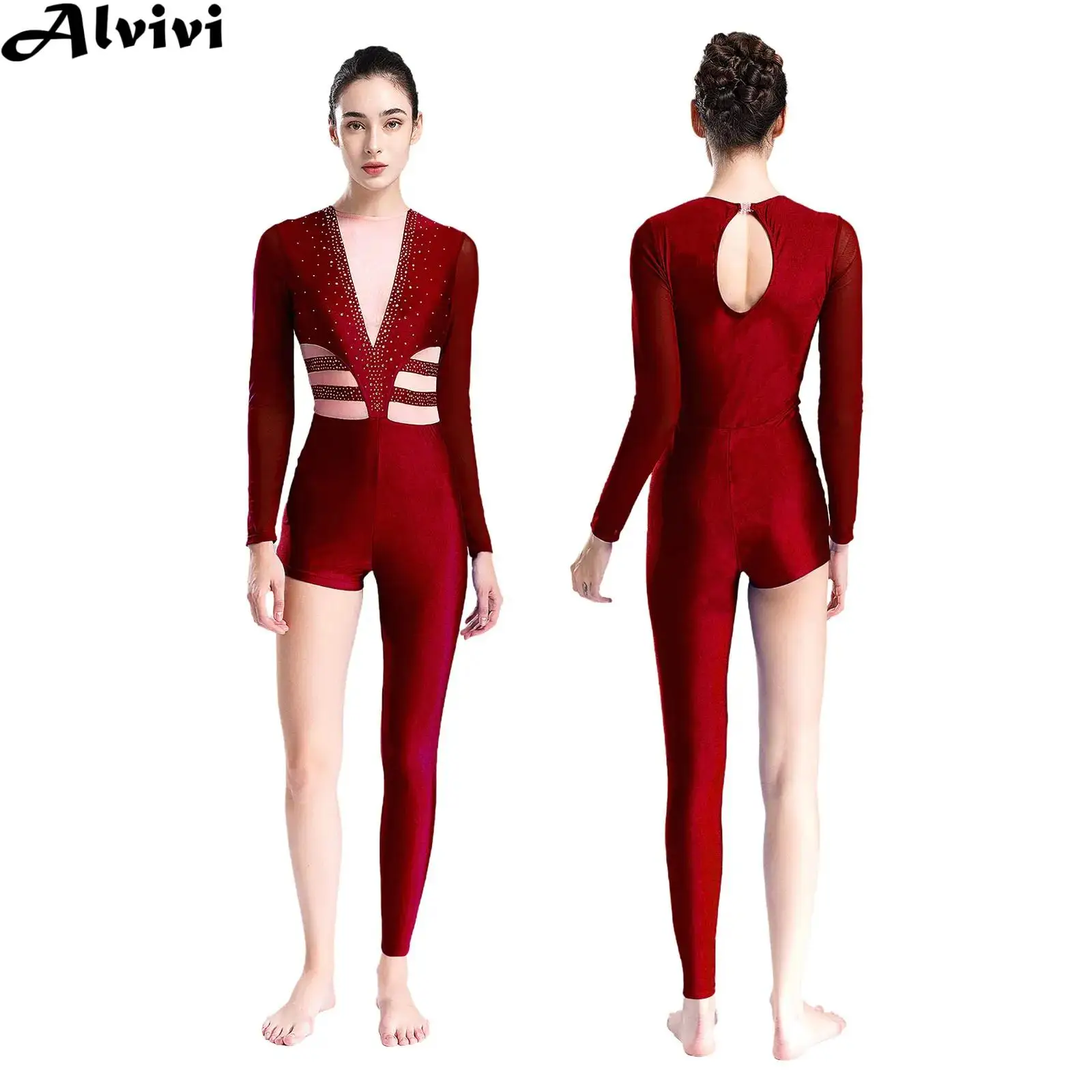 Women Figure Skating Ballet Dance Gymnastics Acrobatics Yoga Jumpsuit Shiny Rhinestones Mesh Asymmetrical Bodysuit Dancewear