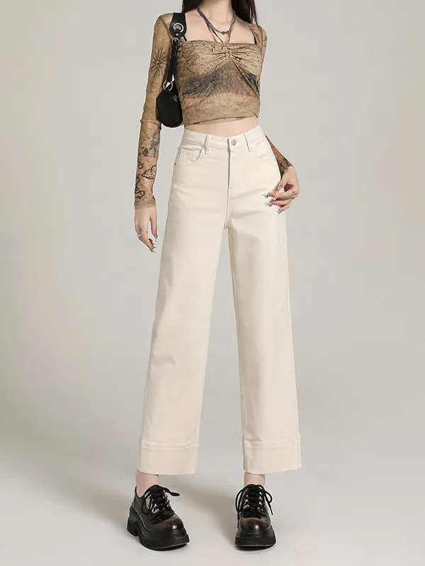 High Waist Wide Leg Straight Cut Jeans Women's Summer New Slimming Cuffed Loose Versatile Straight Leg Pants White