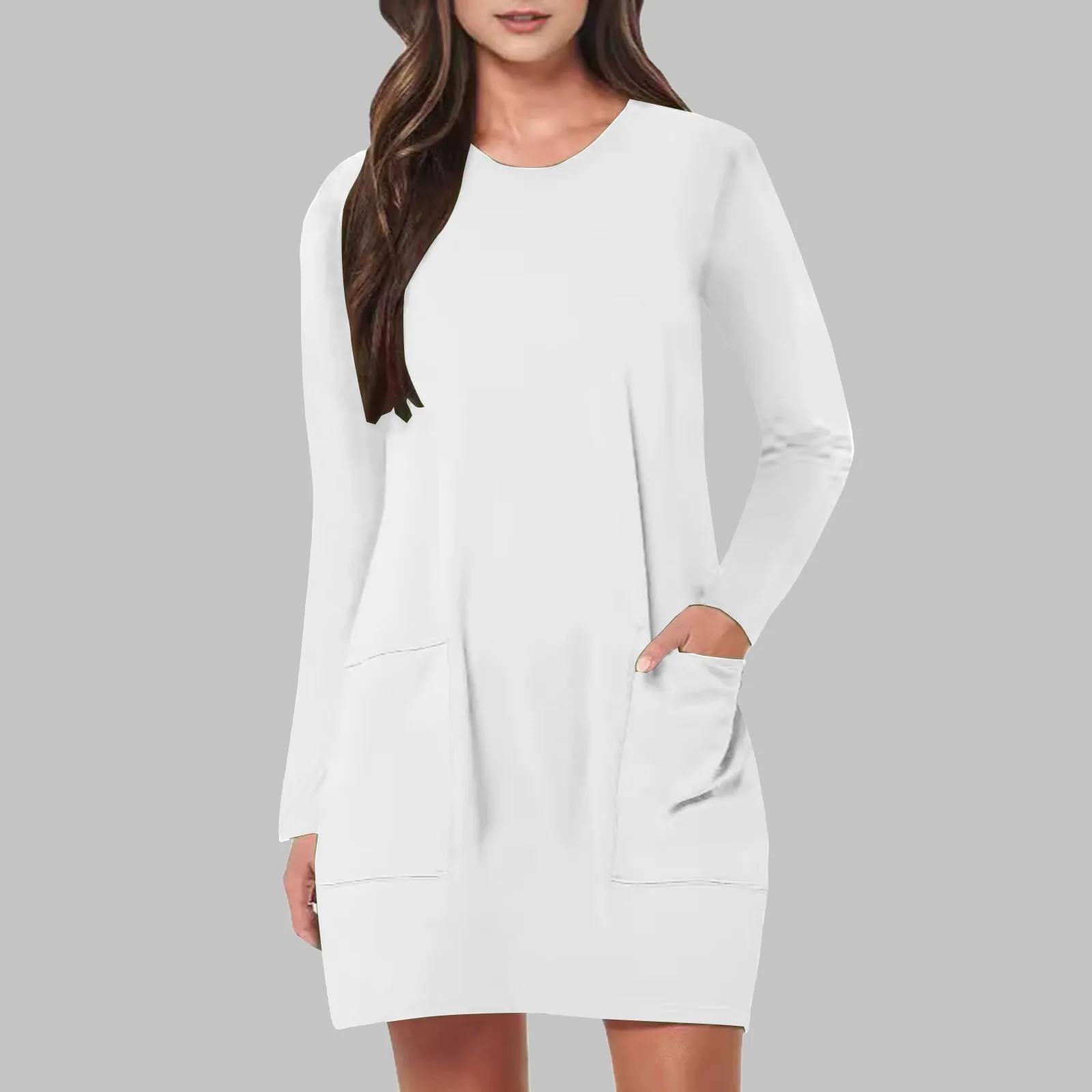 Womens Long Sleeve T Shirt Dress Loose Casual Fall Crew Neck Tunic Dresses With Pocket Streetwear Plus Size Long Sleeve Dresses