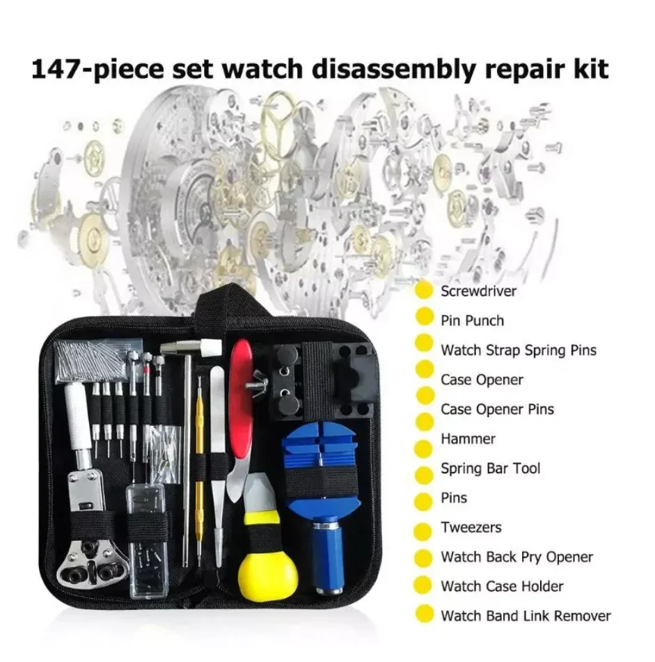 

Набор инструментов для ремонта часов 2026 Premium F, 147 предметов: съемник штифтов, пружинных баров и корпусов часов, инструменты для часовщика