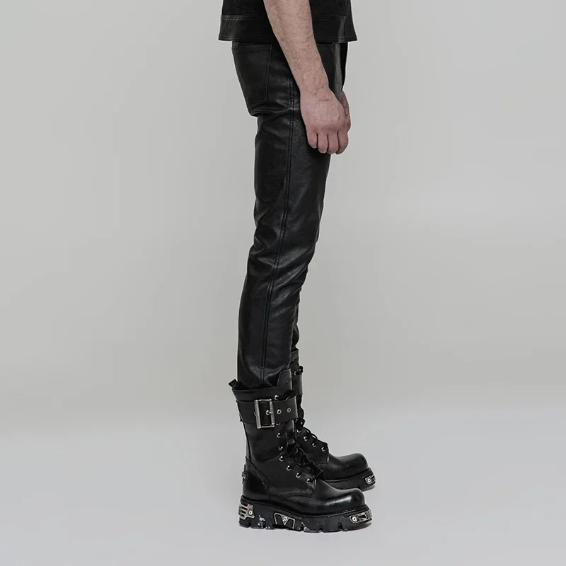 PUNK RAVE Men Heavy Metal Punk Rock Straight Leg  Slim Leather Pants Black PU Trousers