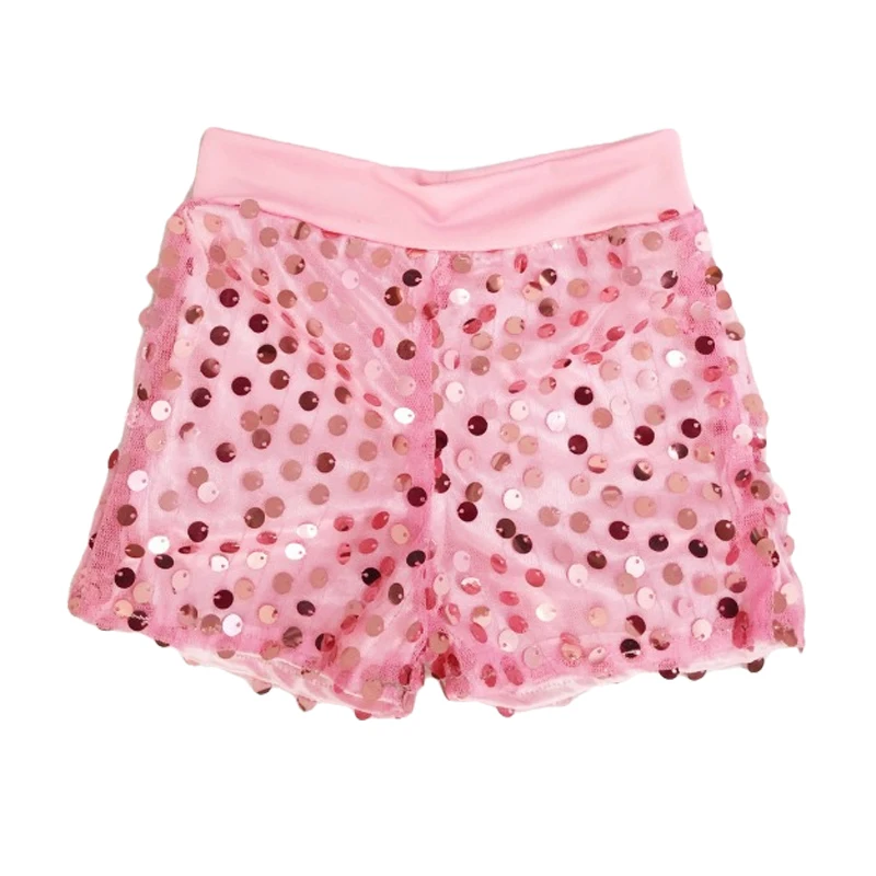 Kids Elastic High Waist Shorts Sequins Hip Hop Dance Shorts for Girls Shorts Toddler Stage Costume Clothes Shiny Sparkle Jazz