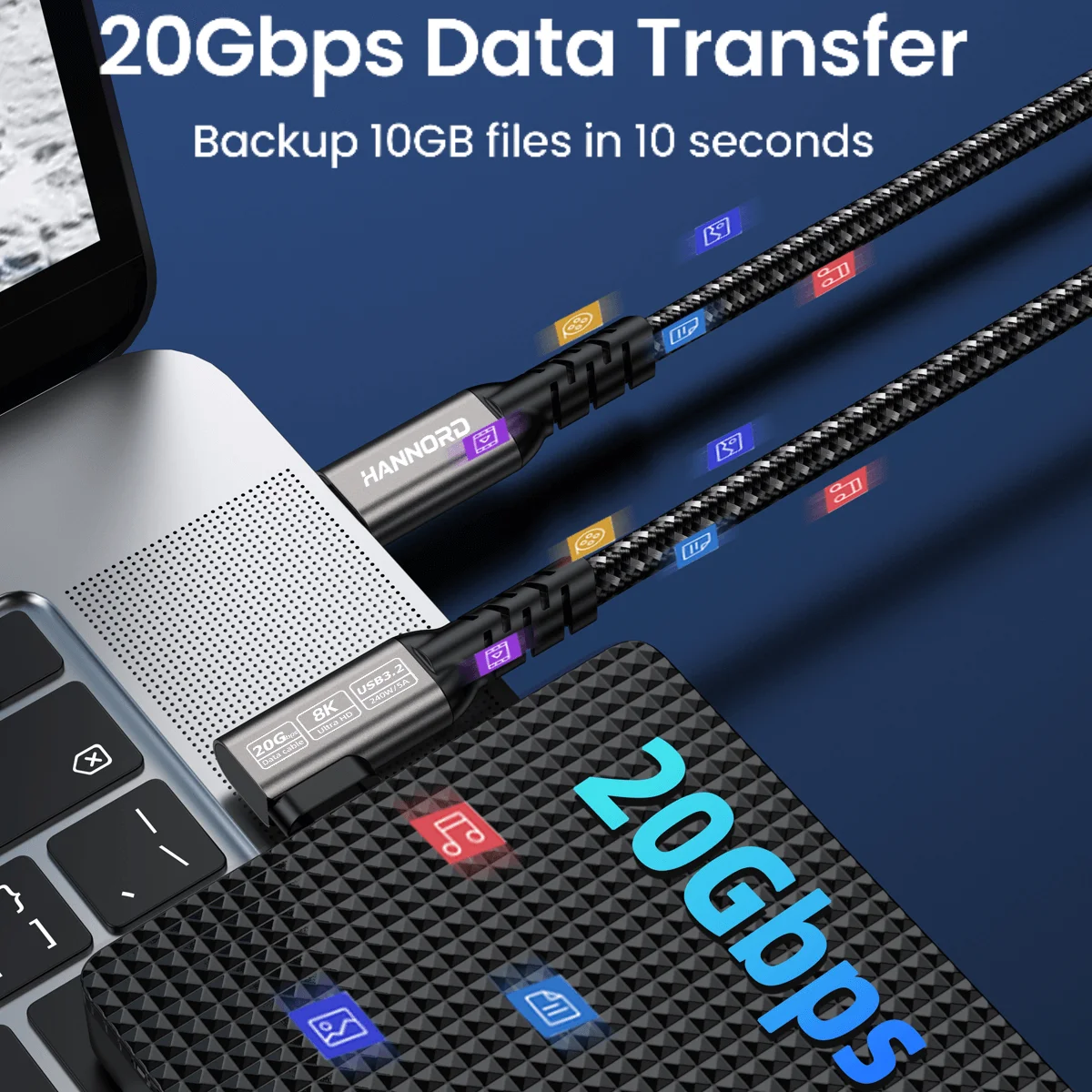 Hannord USB C 3.2 Gen 2 Type C Cable 20Gbps 8K@60HZ Video VR Data Cable 5A 240W PD Fast Charging for Laptop Macbook Pro iPad