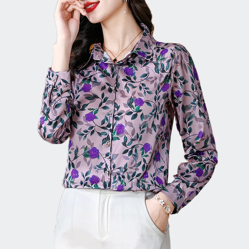 Women's Printed Satin Shirts Fashion Long Sleeve Women Blouse 2024 Office Lady Basic Tops Female Casual Clothing