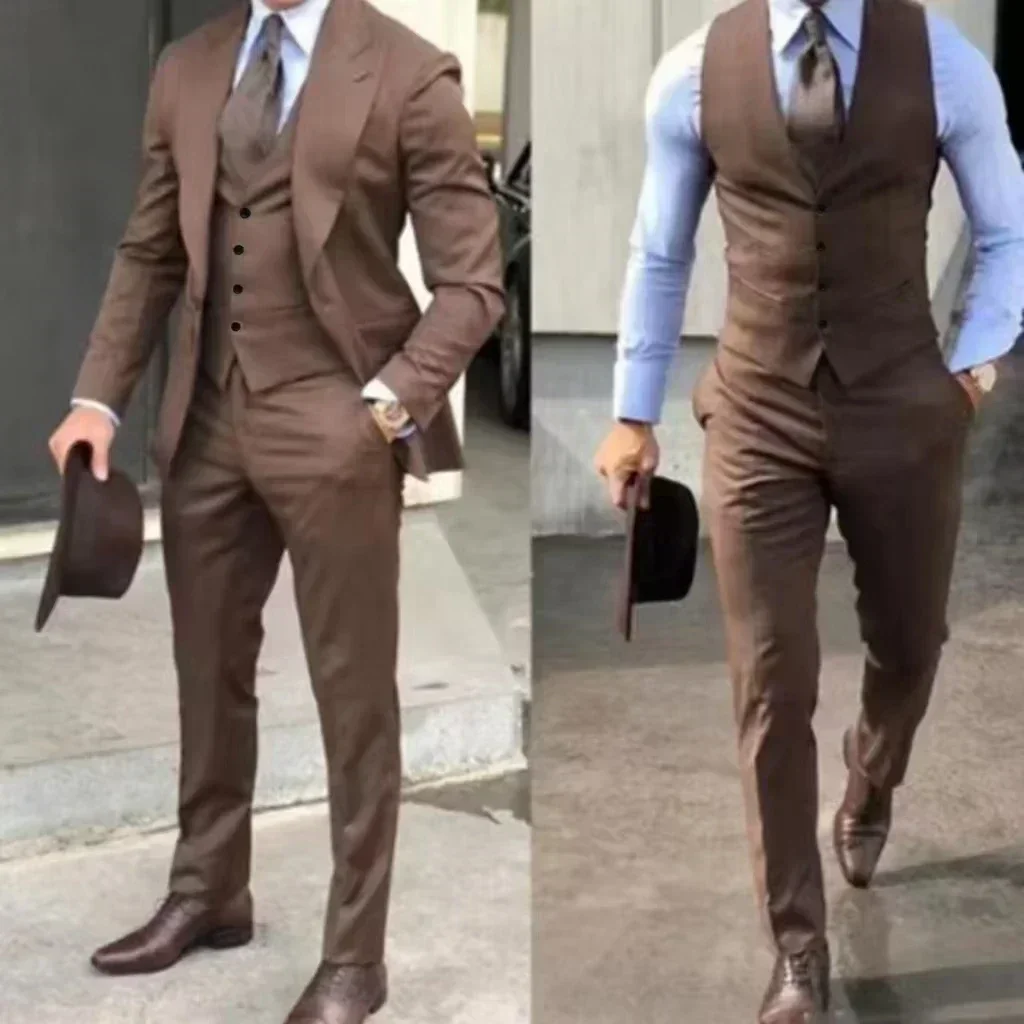 Men\'s Suits Slim Fit Wedding Peak Lapel Tuxedo Slim Fit 3-Pieces Blazer Pant Vest Suit High Quality Tuxedos for Wedding Business