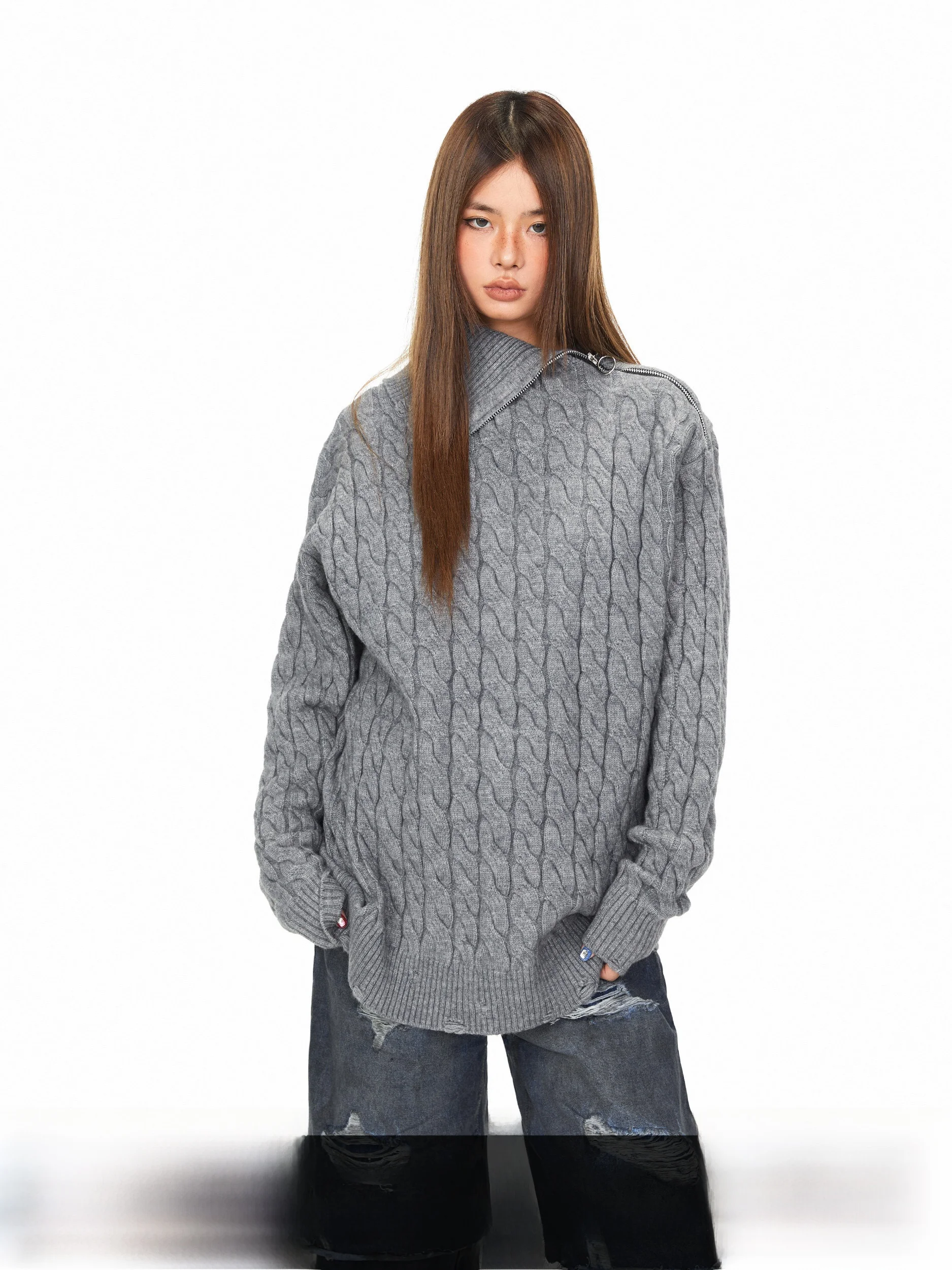 

Женский вязаный свитер Blabb American Sle с высоким воротником, свободного кроя, с открытыми плечами, на молнии, крупной вязки, осенне-зимний топ