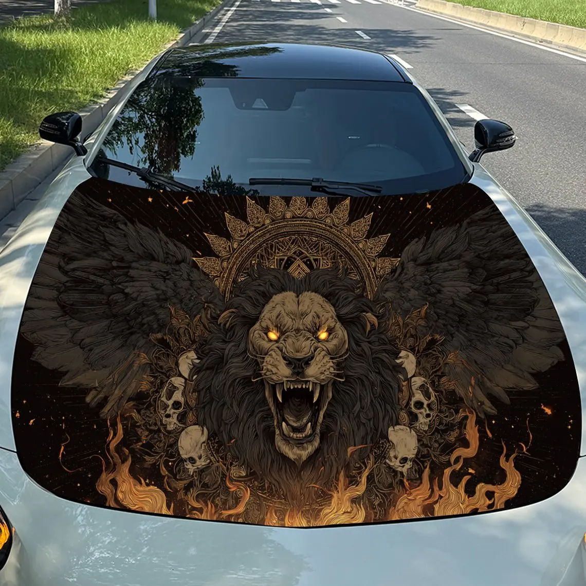 

Dark Winged Lion with Royalty Blaze Car Vinyl Wrap, PVC Material Waterproof Car Hood Sticker, Self-Adhesive Scratch-Resistant St