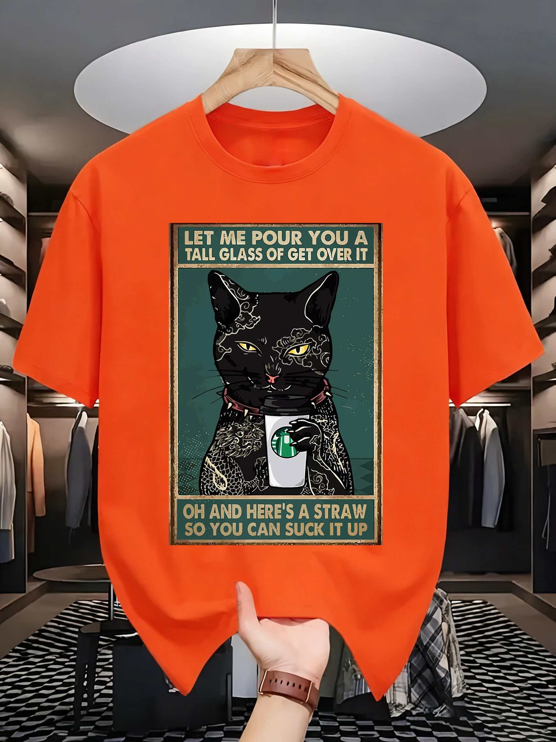 Let Cat Four You A Tall Glass Design Beach T Shirt Man All-Natch Hip Hop T-Shirts Trendy Cotton Sportswear Summer Loose Clothes