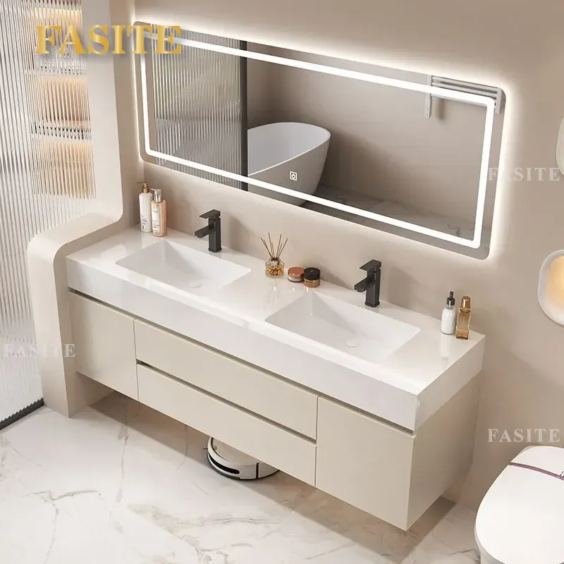 For Bathroom Double Basin Vanity Cabinet Solid Wood Cream Style Seamless Integrated Sink Combo Modern Public Restroom