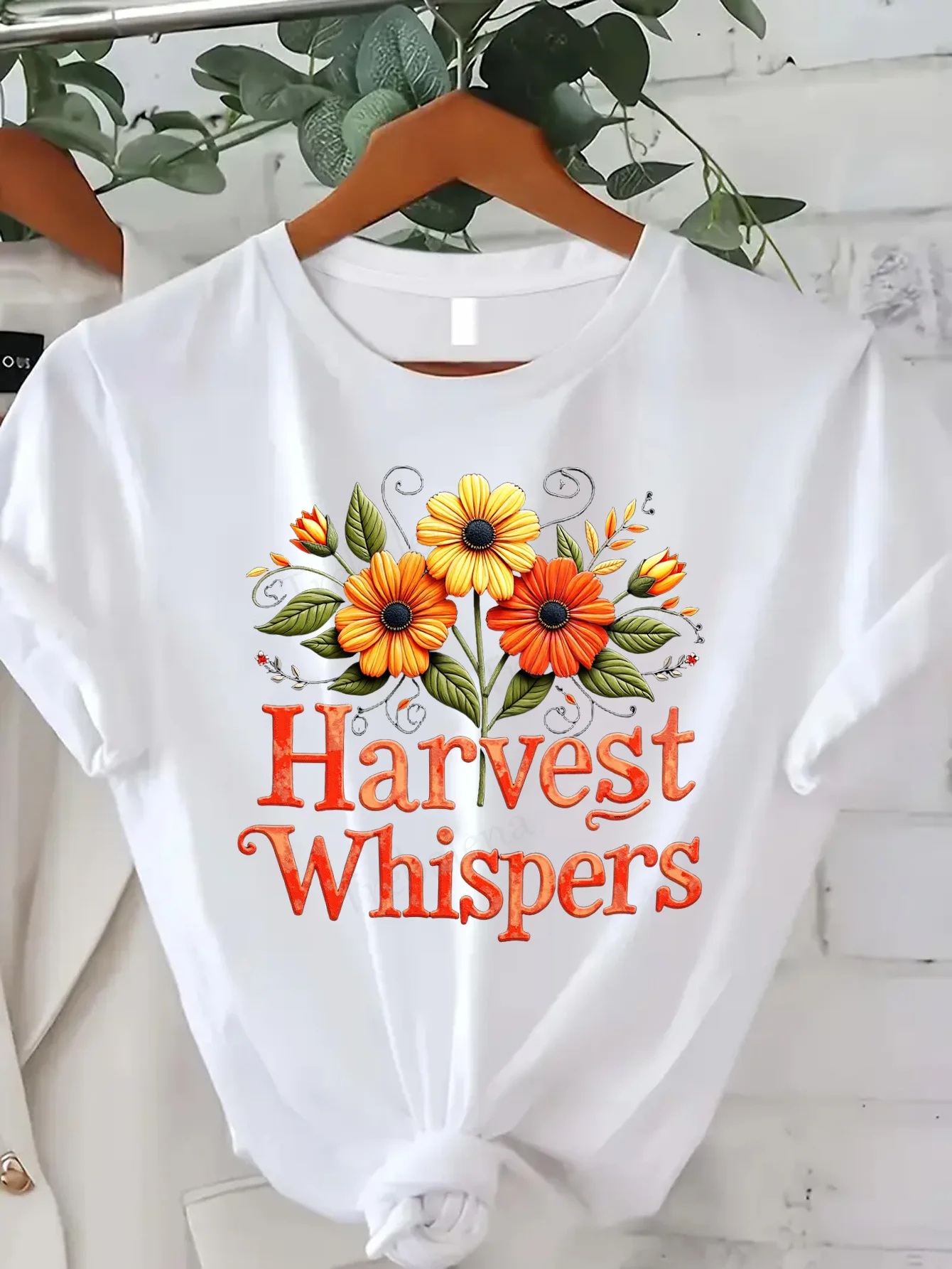 

Удобная женская футболка с принтом Harvest Whispers, женская футболка с цветочным принтом, повседневный осенний стиль