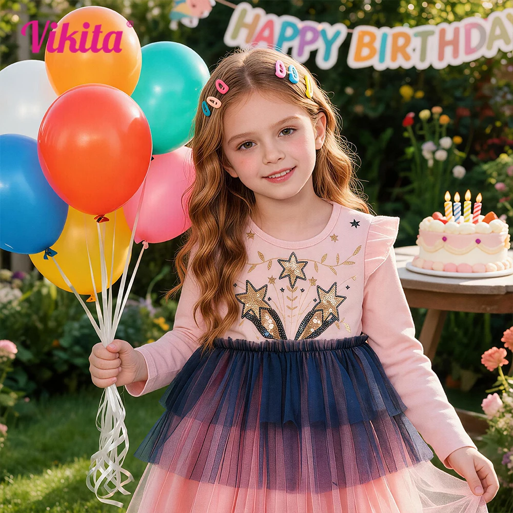 VIKITA Kids Pink Dress Girls Long Sleeve Autumn Spring Dress Kids Star Sequins Appliqued Vestidos Layered Princess Casual Wear