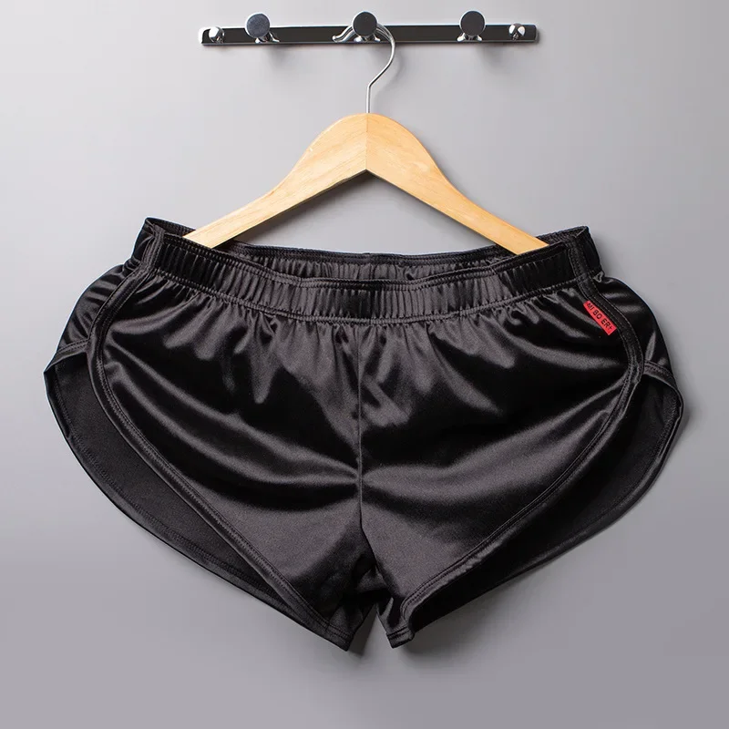 Calças aro suaves e sedosas masculinas jovens sexy garfo lateral solto correndo ginásio shorts esportivos de secagem rápida simples e confortável