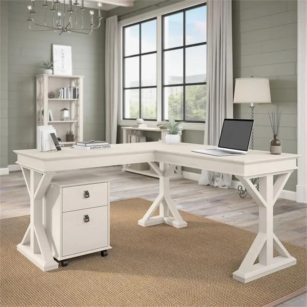 60W L Shaped Desk with Drawers in Linen White Oak - Engineered Wood