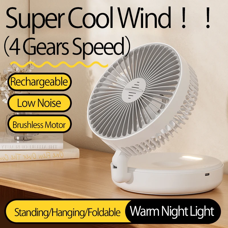 5000mAh wiederaufladbarer kleiner tragbarer Ventilator – 2026 Neues Modell, 90 ° Faltbarer Tisch- und Wandventilator, 4 Geschwindigkeiten mit warmem Nachtlicht – Detail 2