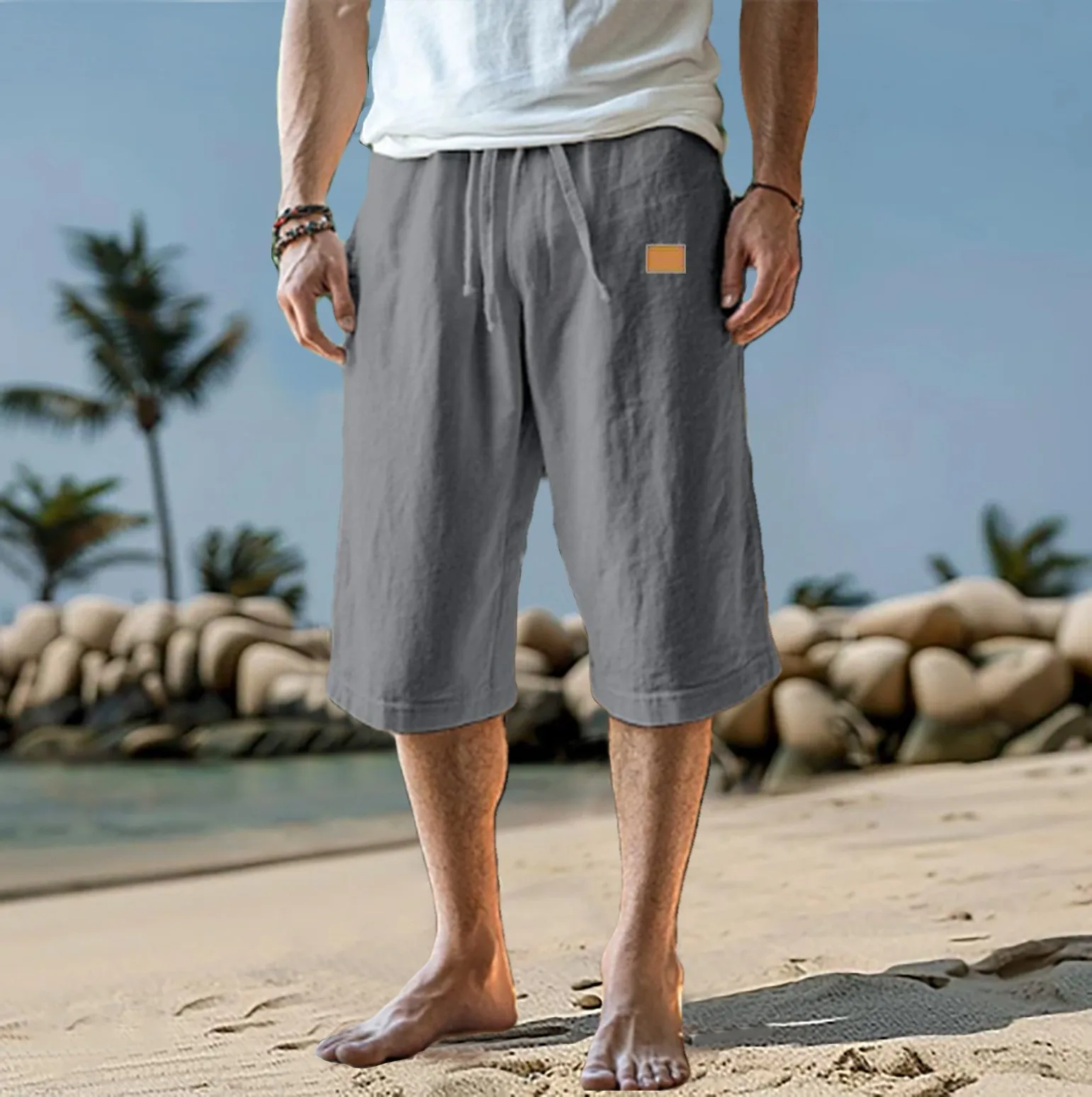 Men's Lightweight Cotton-Linen Solid Color Short Shorts Beach Jogging Sports Pants Comfortable Breathable Summer Clothing
