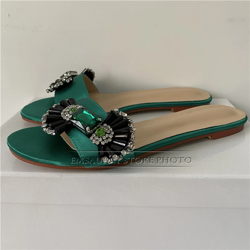 Sexy Summer 2024 Candy Butterfly-knot Slippers Luxury Satin One-strap Flat Mules Rhinestone Outwear Shoes Woman