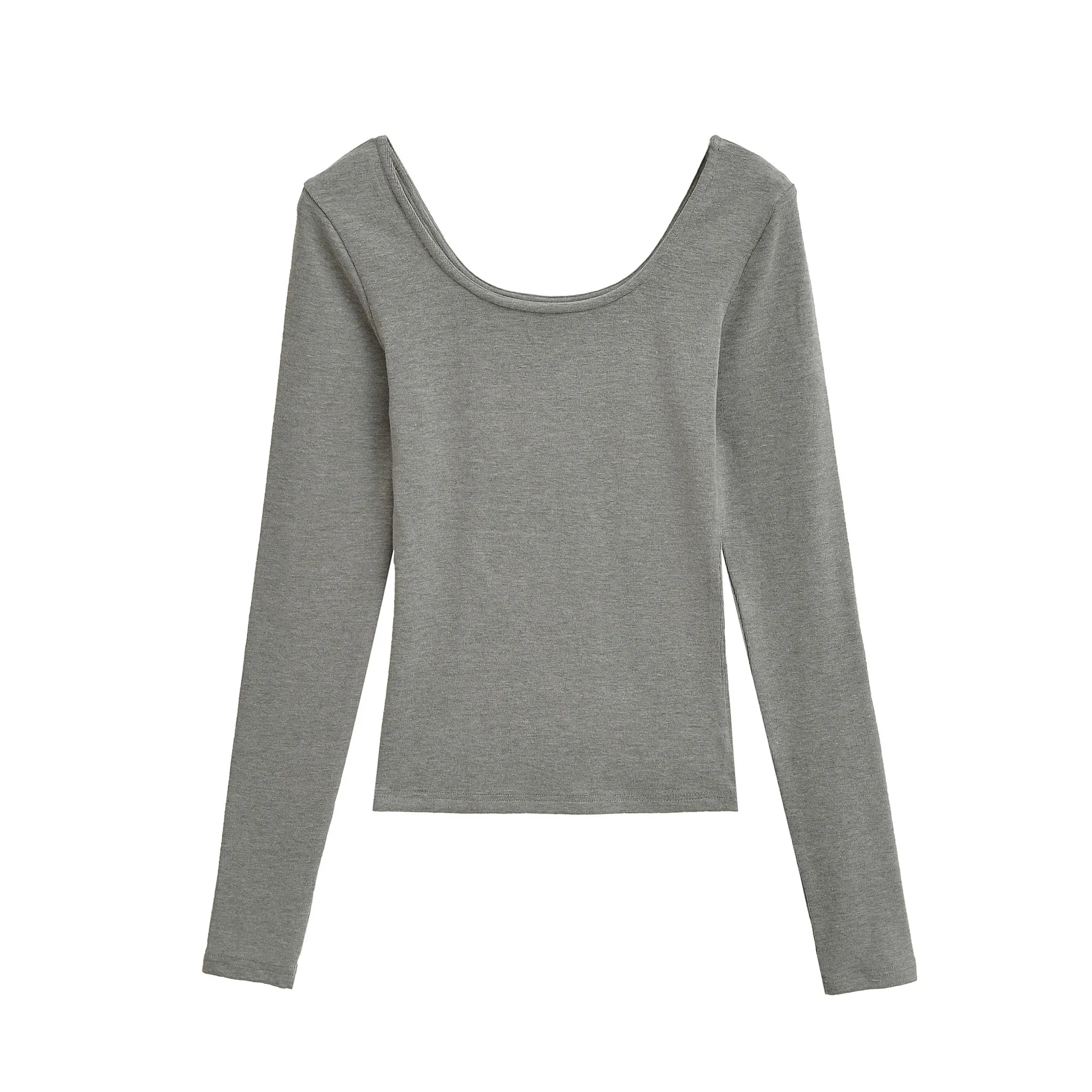 Spicy Girl col en U profond cachemire à manches longues femmes automne nouveau coupe ajustée couleur unie épaule régulière Base petit haut T-Shirt J8BX