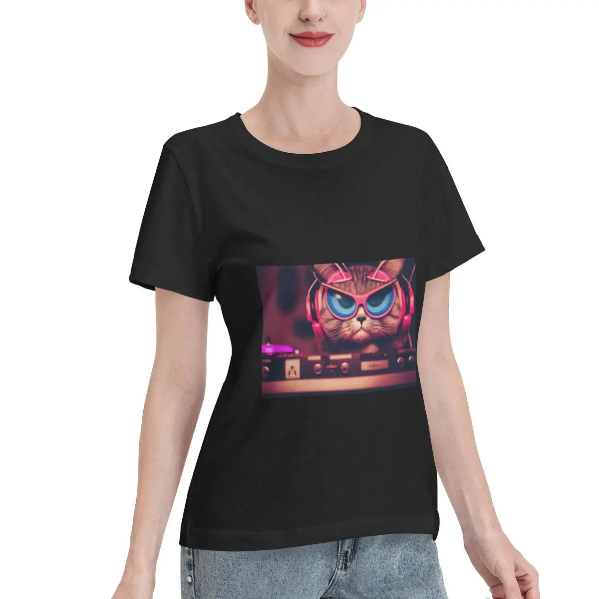 Reliable Item Awesome DJ Techno Cat Behind The Wheels Of Steel Women's T-shirt Elegant Spring Autumn Top
