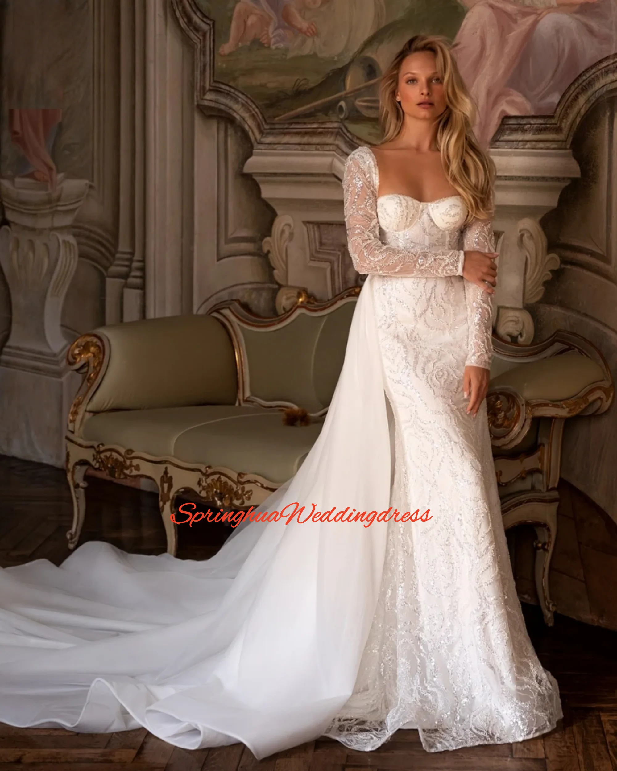 Abiti da sposa a sirena in pizzo a maniche lunghe con colletto quadrato di lusso personalizzati Abiti da sposa a tromba con strascico staccabile con perline squisite