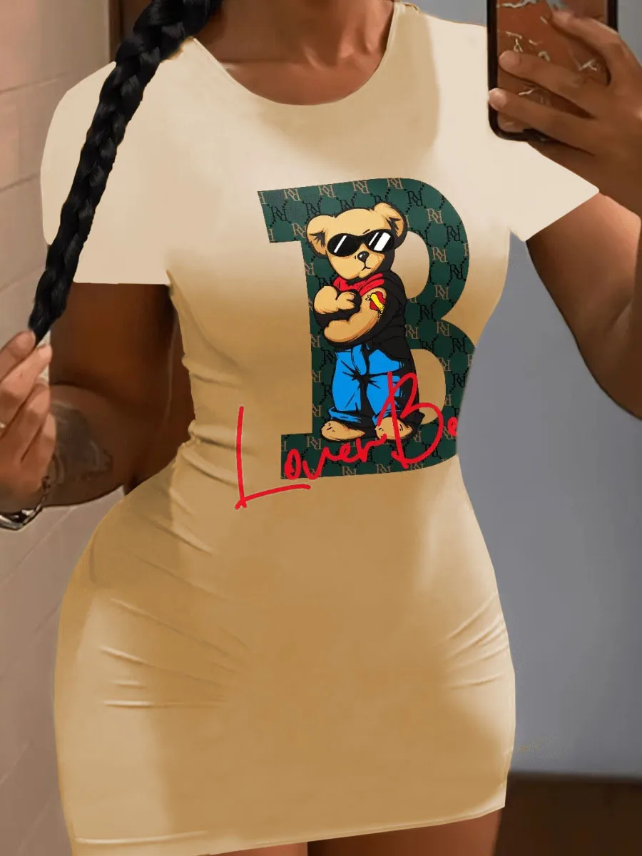 

LW Lover Bear Cartoon Letter Print Bodycon Dress Beige Crew Neck Short Sleeve Mini Dresses Skinny Stretchy Summer Womne Clothing