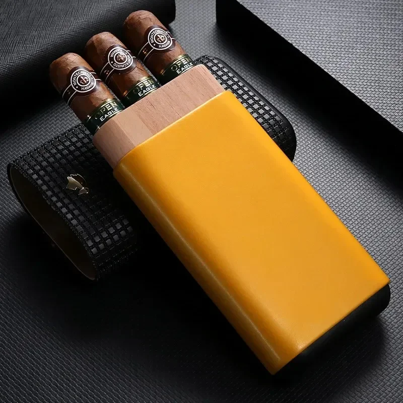 Portable Travel Cigar Case Leather Humidor Cedar Wood Cigar Box Fit 3 Cigars Storage Men's Light Cigar Accessories