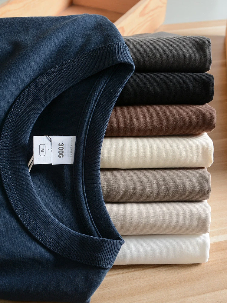 Heavyweight 300g Combed Cotton Men's Basic round Neck Short Sleeve T-shirt Pure Cotton Washed  Color Fashion Urban Style