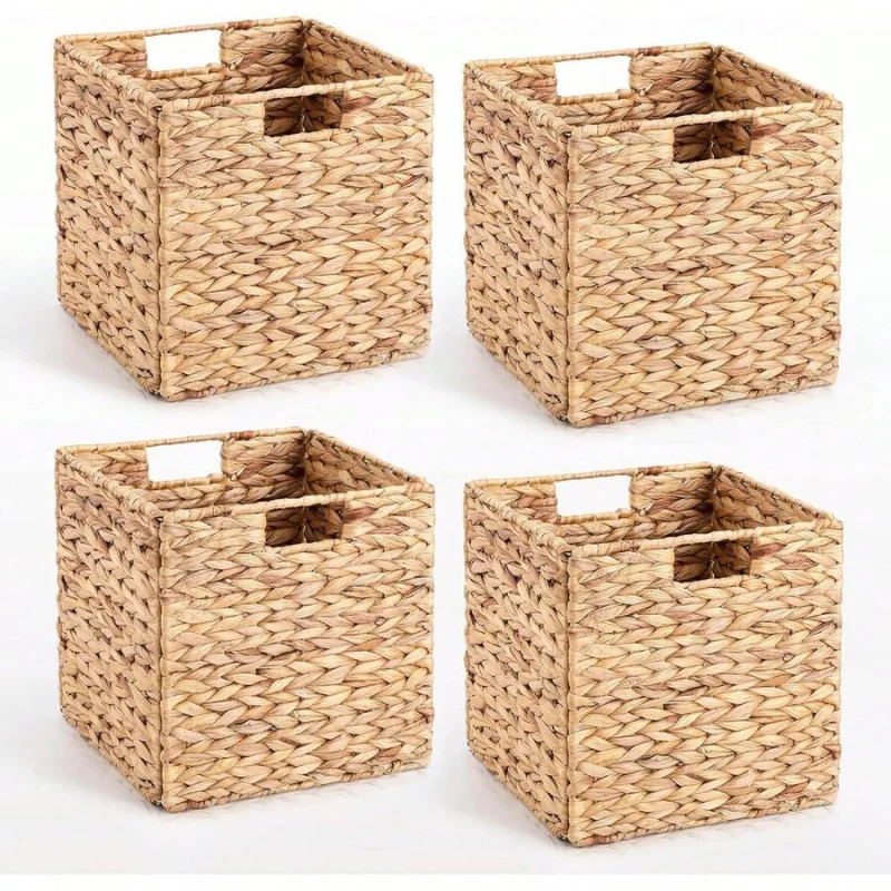 

Handwoven Wicker Storage Basket, Foldable Square Bin with Built-In Handles for Shelves & Organizing