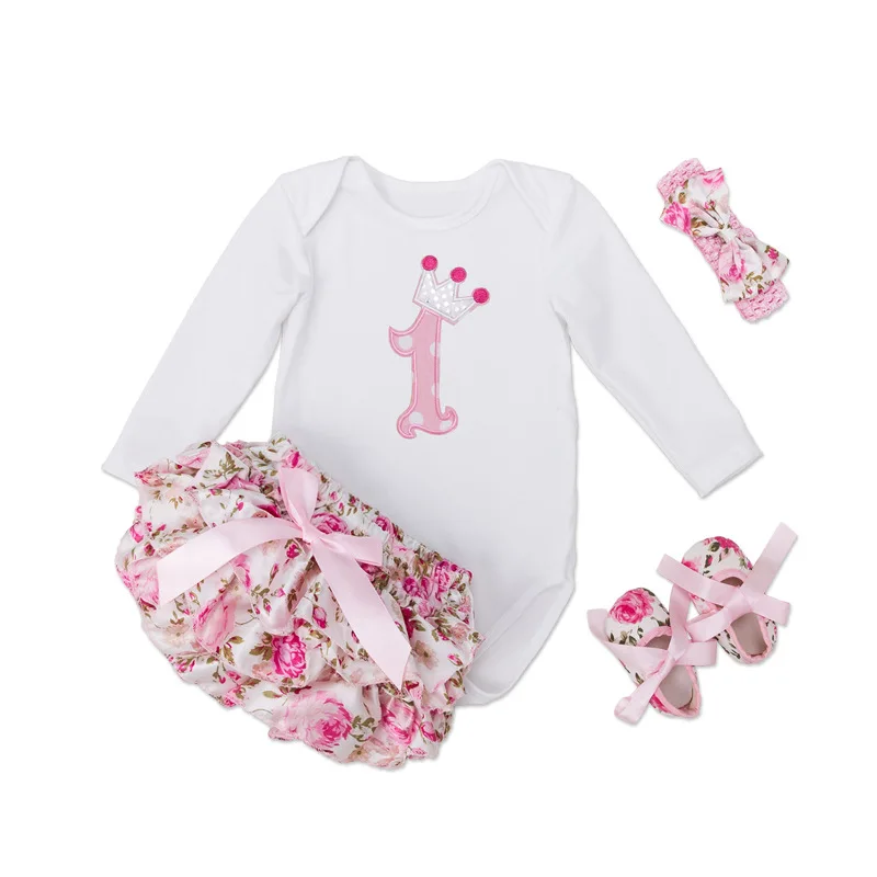 Newborn Baby Girl Clothes Sets Cotton Long Sleeve Bodysuit 1st Birthday Girls Jumpsuit+Bloomers+Shoes+Hairband 4pcs Kids Suit