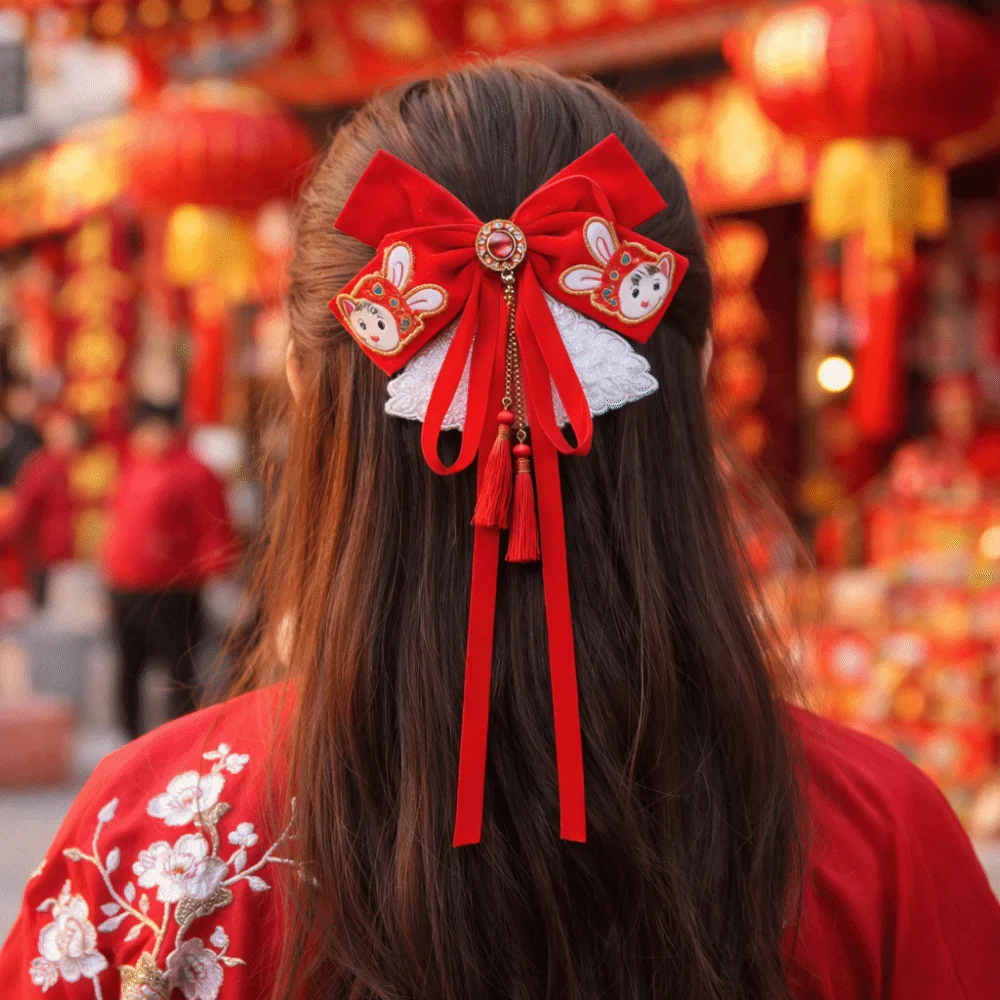 Bonita Horquilla Roja con Lazo y Borla para el Cabello, Estilo Princesa Chienes, Adorno para el Cabello Hanfu, Trenza de Año Nuevo