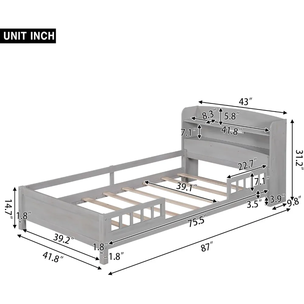 Estrutura de cama de madeira de tamanho duplo com iluminação LED, cama de plataforma moderna com cabeceira de armazenamento e trilho de segurança