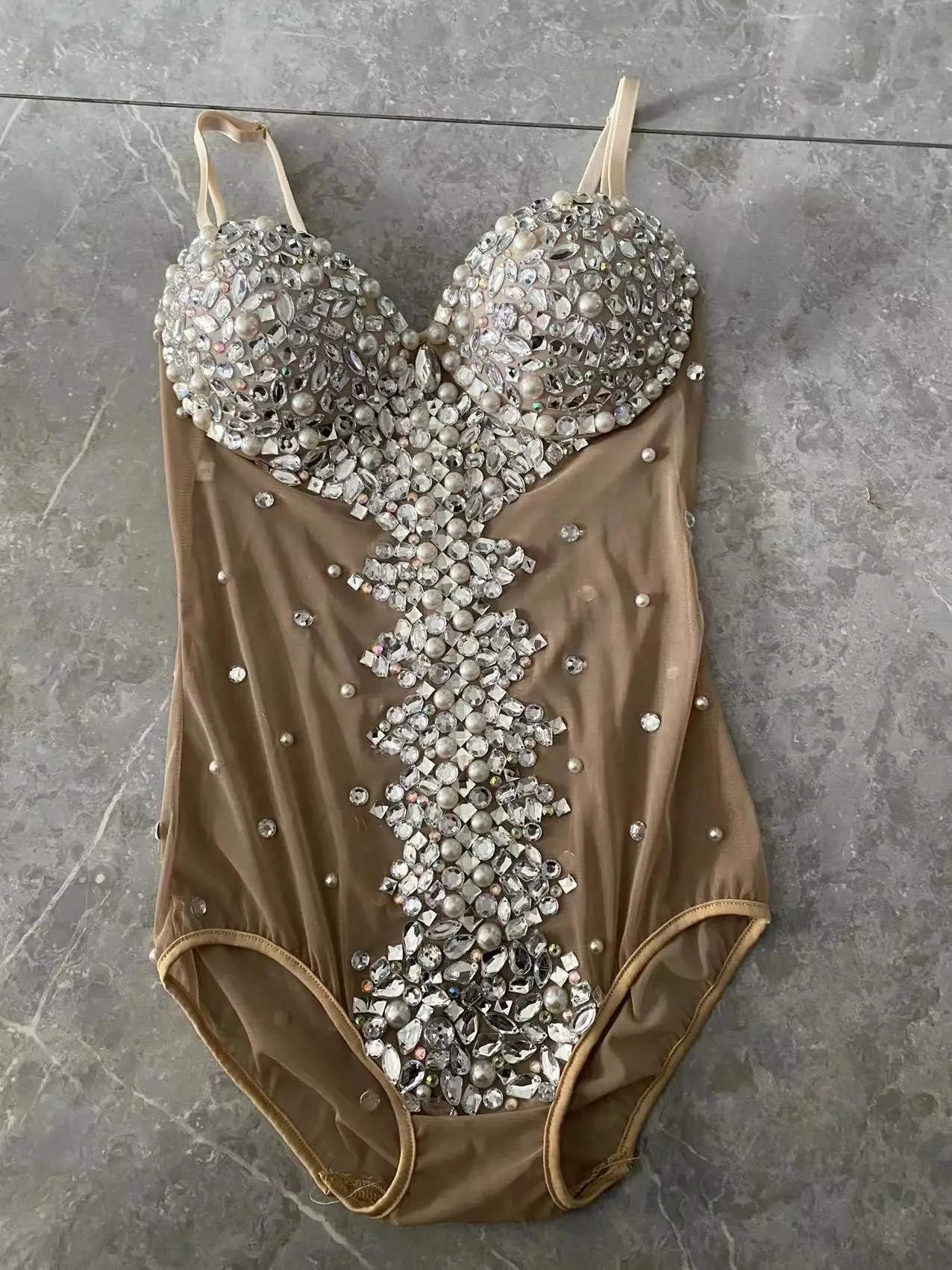 Lady Sexy Bodysuit Nightclub Sparkly Rhinestones Black Skin Color See-through Mesh Jumpsuit Singer Adult Stage Costume Size S-XL