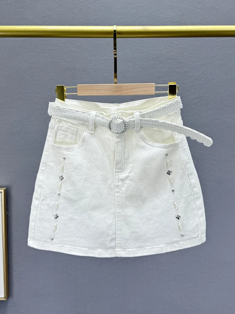 

Белая джинсовая юбка А-силуэта женская, с эластичной высокой талией, утягивающая, универсальная, с декором, летняя, новая, для повседневной носки, из смесового хлопка