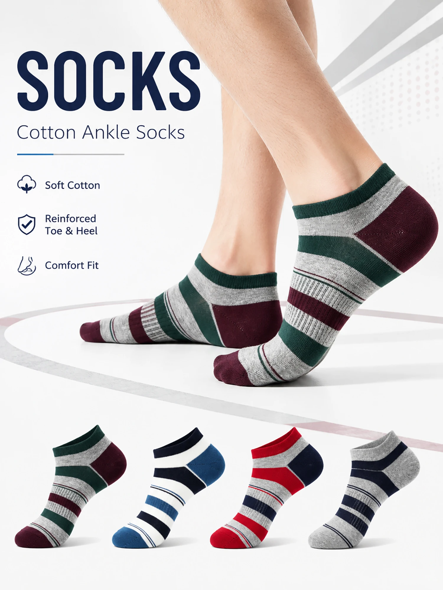 1/4Pairs Men's Striped Color Block Ankle Socks Breathable Cotton Cushioned Low Cut Sports Running Non Slip Moisture Wicking Gift