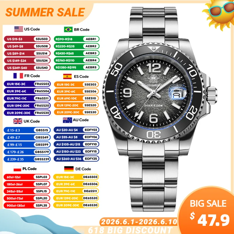 

ADDIESDIVE Men's Watch 41mm Quartz Diver Watches AD2513 BGW9 Luminous 200m Waterproof 316L Stainless Steel Diving Wristwatch