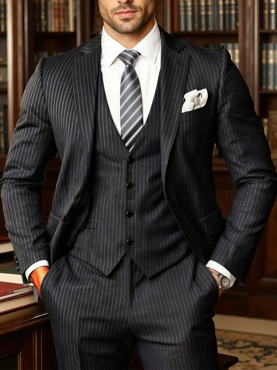 

3 Pieces Mens Suits Stripe Slim Fit Business Suits Groom Champagne Grey White Tuxedos for Formal Wedding Suit(Blazer+Pants+Vest)