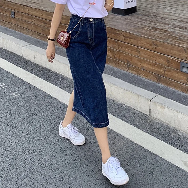 Saia jeans evasê de cintura alta retrô verão novo estilo plus size crimento médio saia bodycon dividida para mulheres jovens