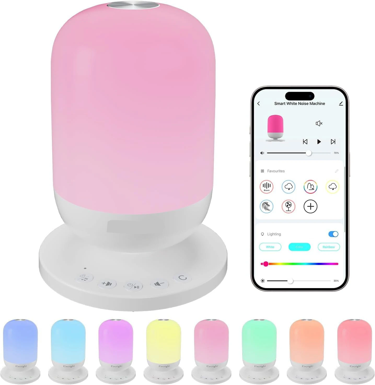 آلة الضوضاء البيضاء، آلة صوت الطفل مع ضوء ليلي، 34 صوتًا مهدئًا للتحكم في التطبيق، ضوء ليلي 7 ألوان مع مؤقت