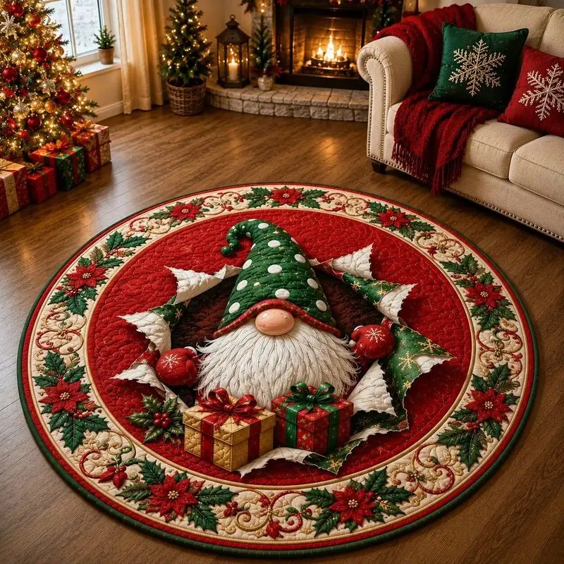 VIKAMA Santa Gift Vortex 3D Round Rug Christmas Illusion Print Round Non Slip Mat For Living Room Bedroom Holiday Home Decor