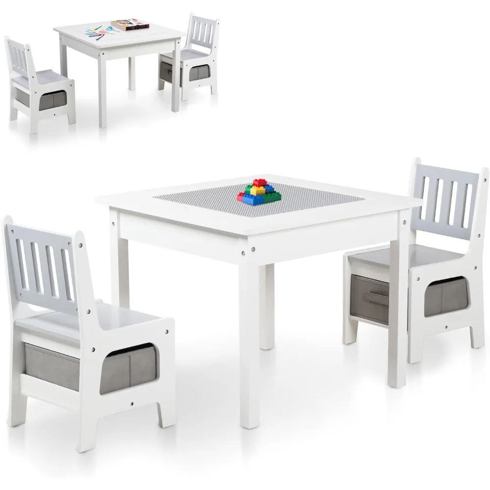 Speeltafel en 2 stoelenset voor kinderen, 2-in-1 houten activiteitentafel met opbergruimte, compatibel met Lego en Duplo Bricks, speelbouw