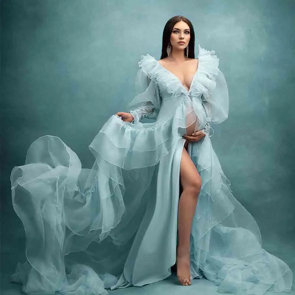 Bridal Fluffy Long Evening Dresses 2 Pieces Suit Maternity Robes V Neck Long Sleeves Women Photo Shoot Gowns Customized