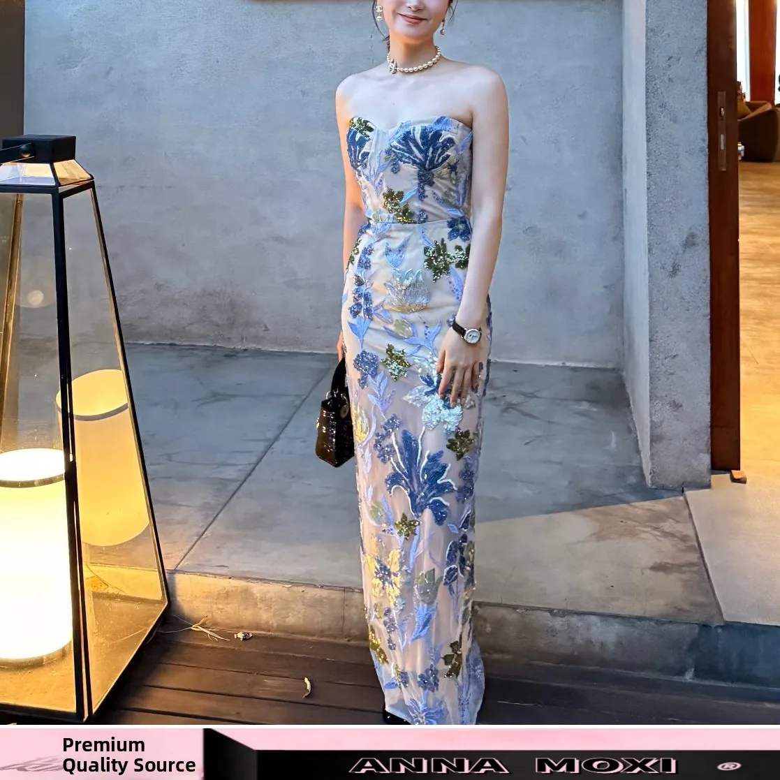 

Элегантное вечернее платье с цветочным узором и пайетками, без бретелек, для женщин, модное, с завышенной талией, длинная юбка без рукавов