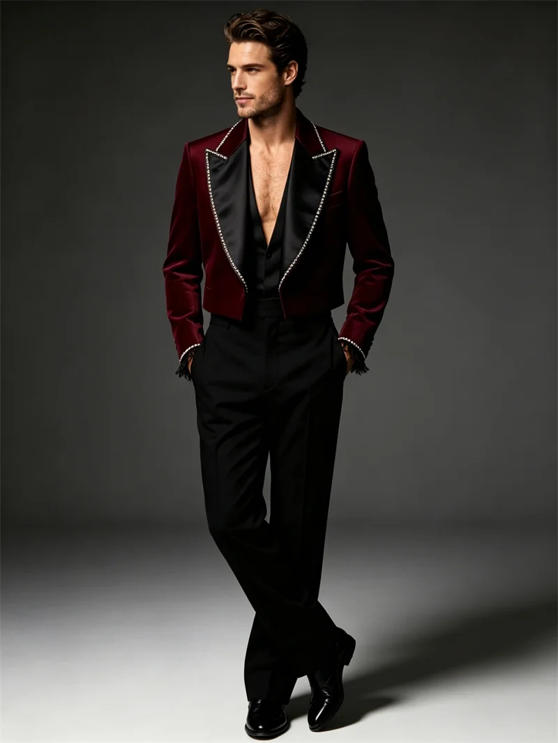Burgundy Men Suit Set 2 Piece Short Blazer+Black Pant Trousers Customized Formal Office Jacket Groom Wedding Tuxedo Coat