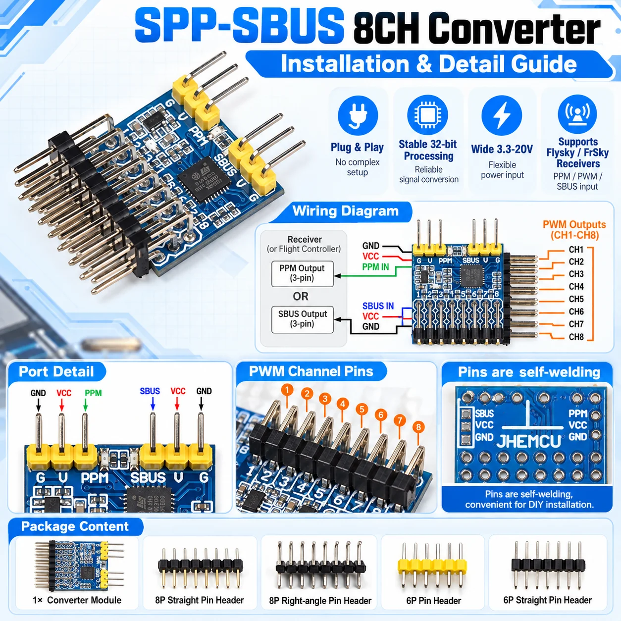 JHEMCU SPP 8CH Signal Converter Module SBUS PPM PWM Output for Flysky IA6B Frsky X8R Receiver Remote Control Plane FPV Drone